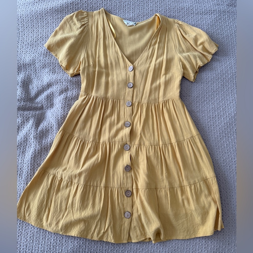 Love Riche Yellow Button-Front Tiered Mini Dress